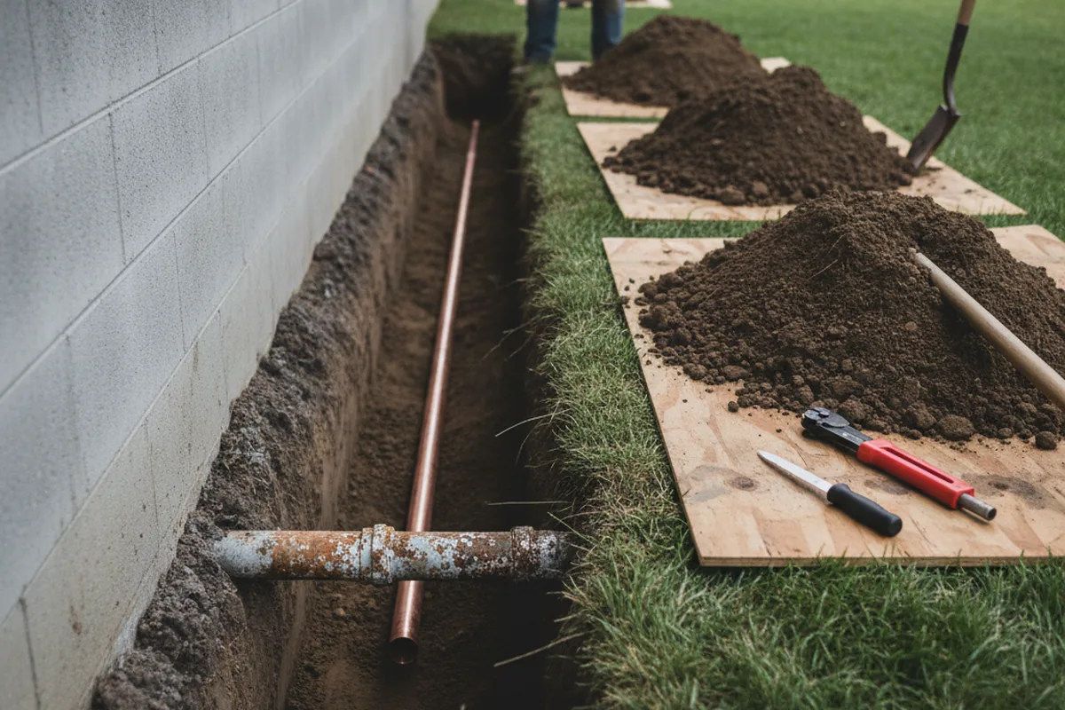 Excavated water line trench during Water Softener Installation in Hunker